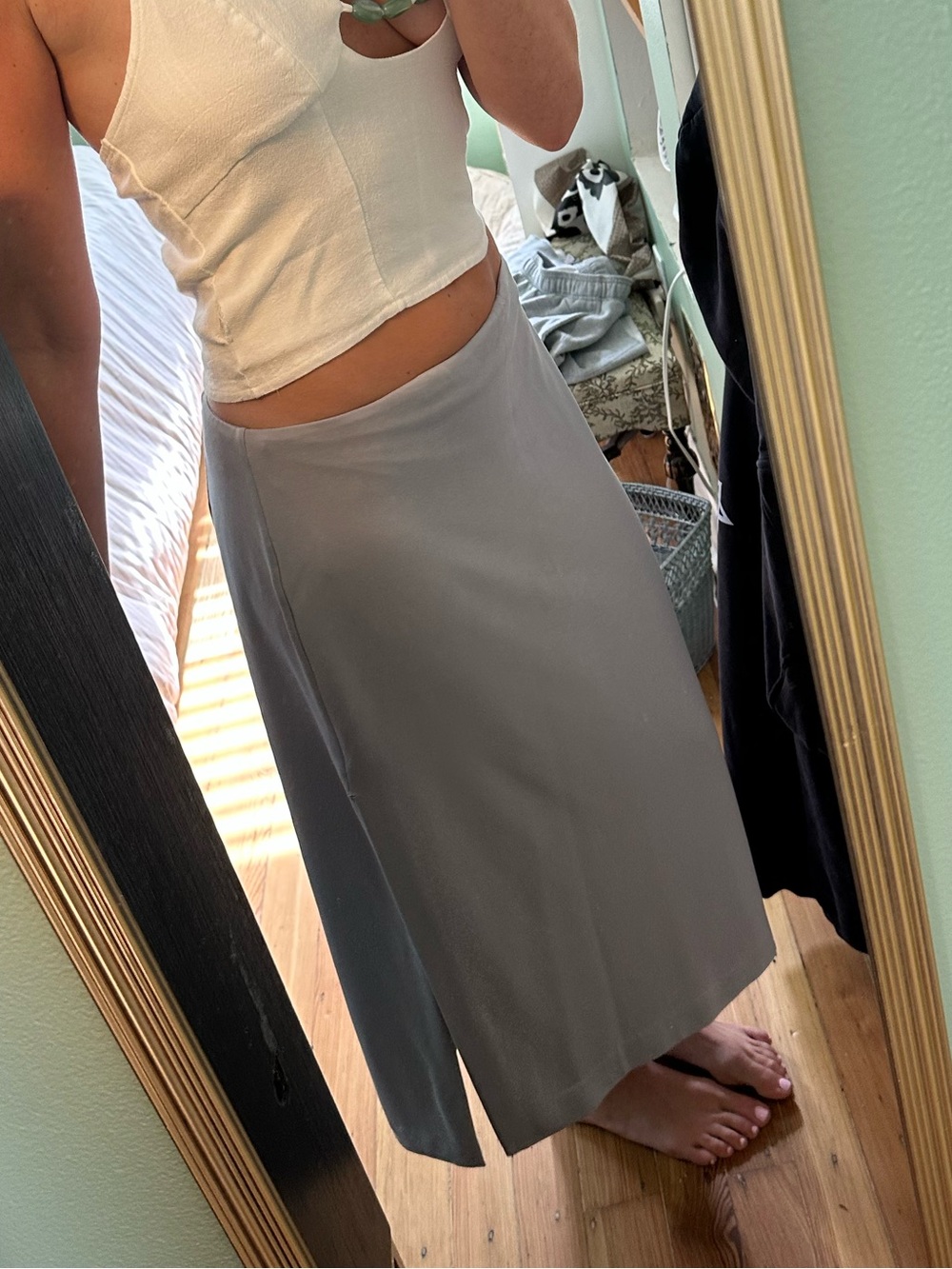 Women's Light Gray Midi Skirt - Sleek A-Line Slip Style